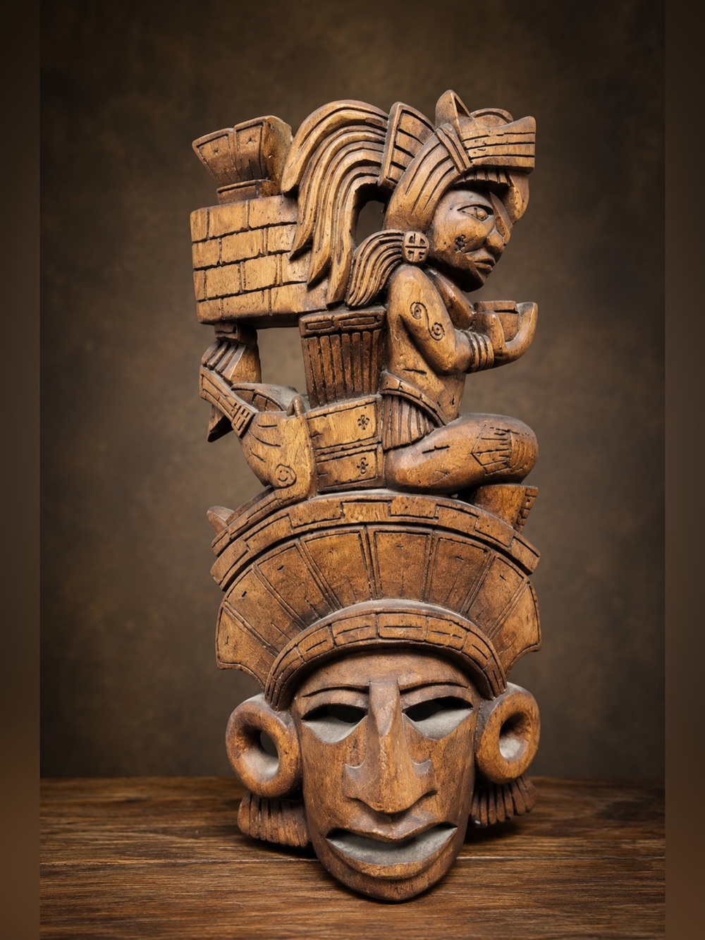 Rare Vintage Hand-Carved Mayan Style Wooden Mask • Figural Storytelling Wall Art